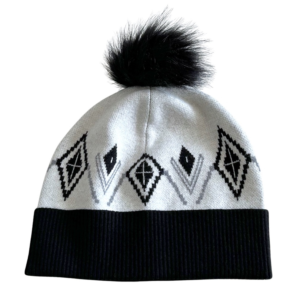 Tahari Winter Beanie Knit Hat with Faux Fur Pom Pom - OS - Black, White, Grey